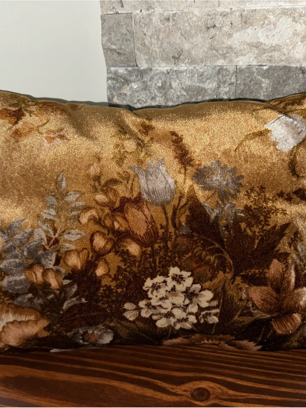 Brown Floral Velvet Lumbar Pillow 16x11 Vintage Style Cottage Decor